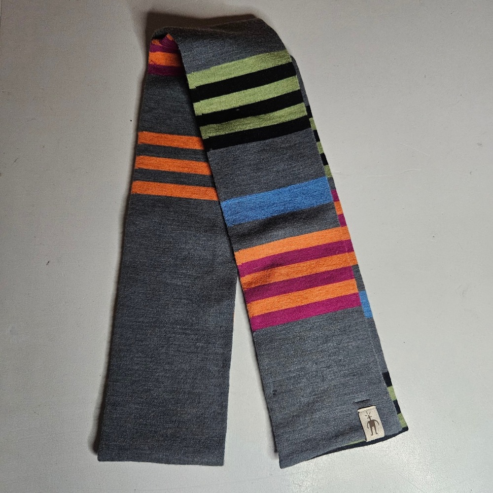 SmartWool Merino Wool Striped Scarf Gray Orange Purple Blue Green 12-445 F09-D3